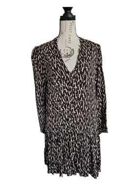 Zara Black & Beige Animal Print V-Neck Dress